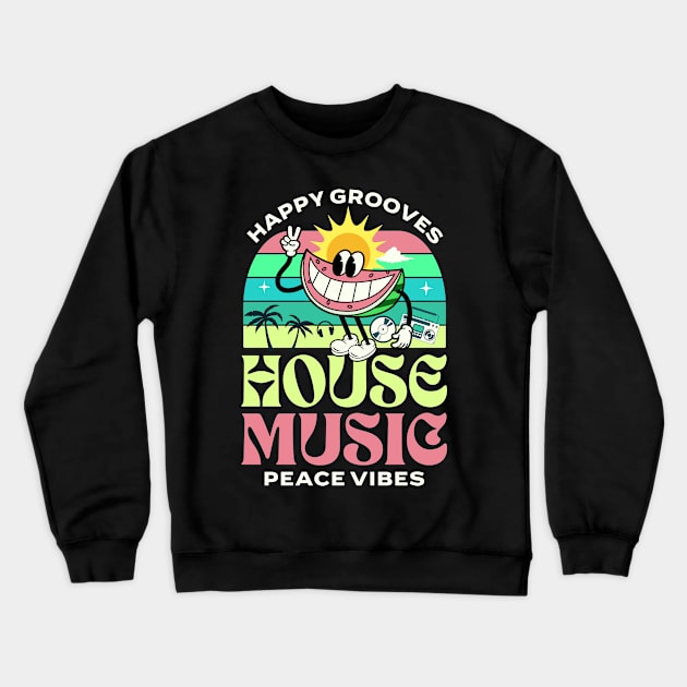 HOUSE MUSIC  - Happy Grooves , Peace Vibes (white/lime/pink) Crewneck Sweatshirt by DISCOTHREADZ 